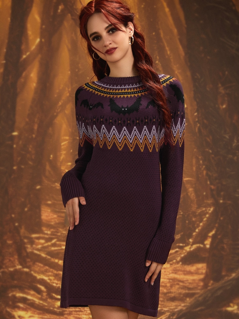 ModCloth Purple Fair Isle Bat Motif Sweater Dress